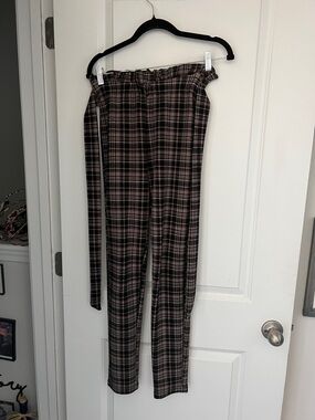 SHEIN Black and Brown Plaid Paperbag Waist Skinny Pants